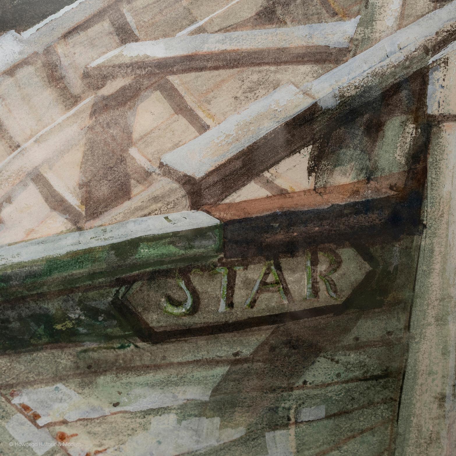 Paper Star Watercolour 1976 Fishing Skiff in Harbour For Sale