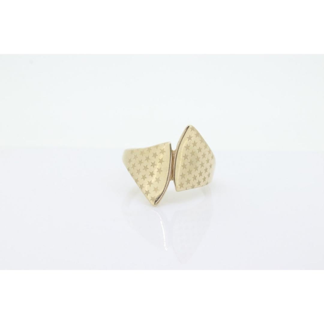 STAR Wide Dome 10k Yellow Gold Band. 10k Etched Star Design bypass ring. Italy For Sale 1