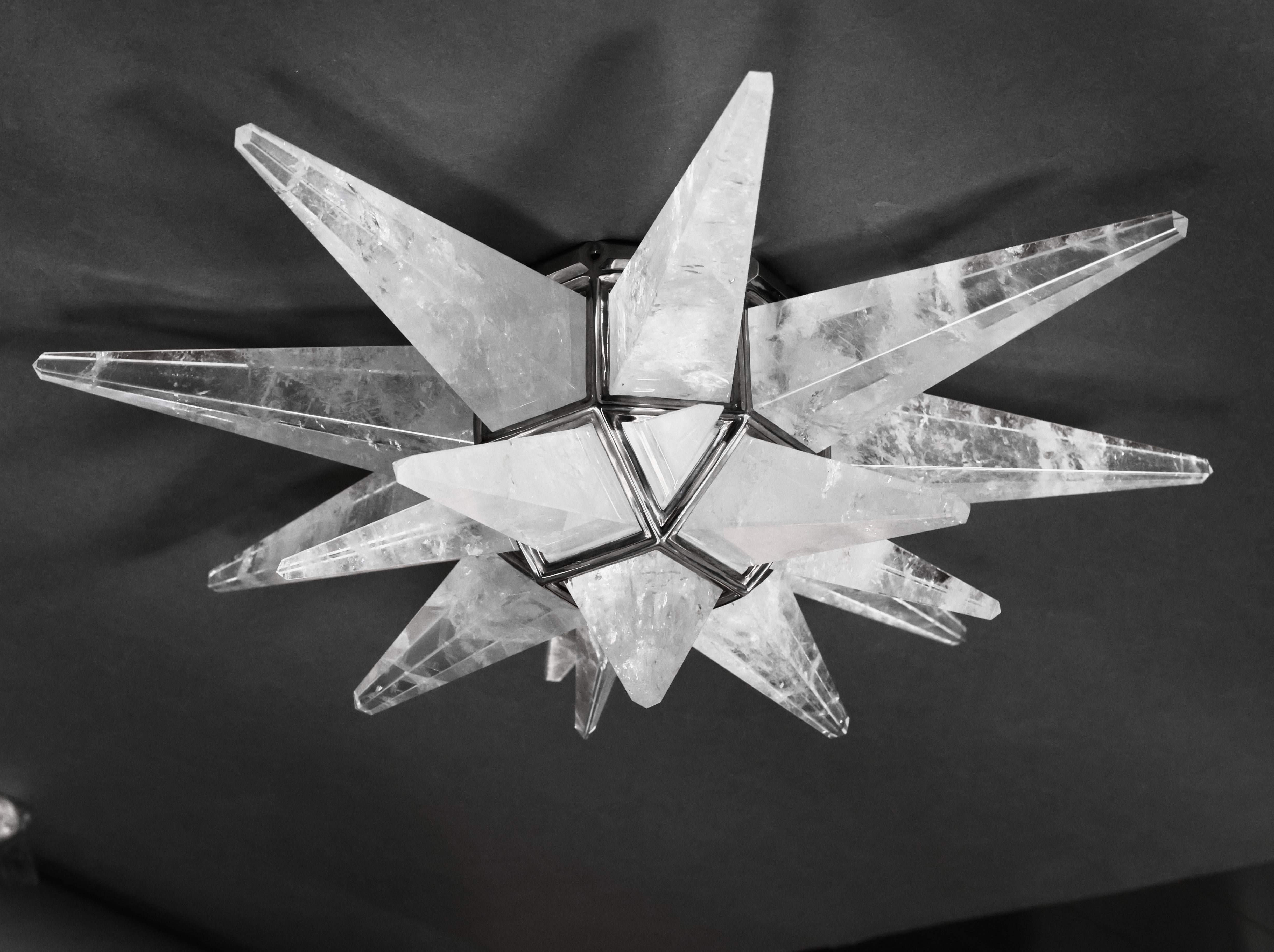 Star form rock crystal flushmount with polish nickel frame. Created by Phoenix Gallery, NYC.
