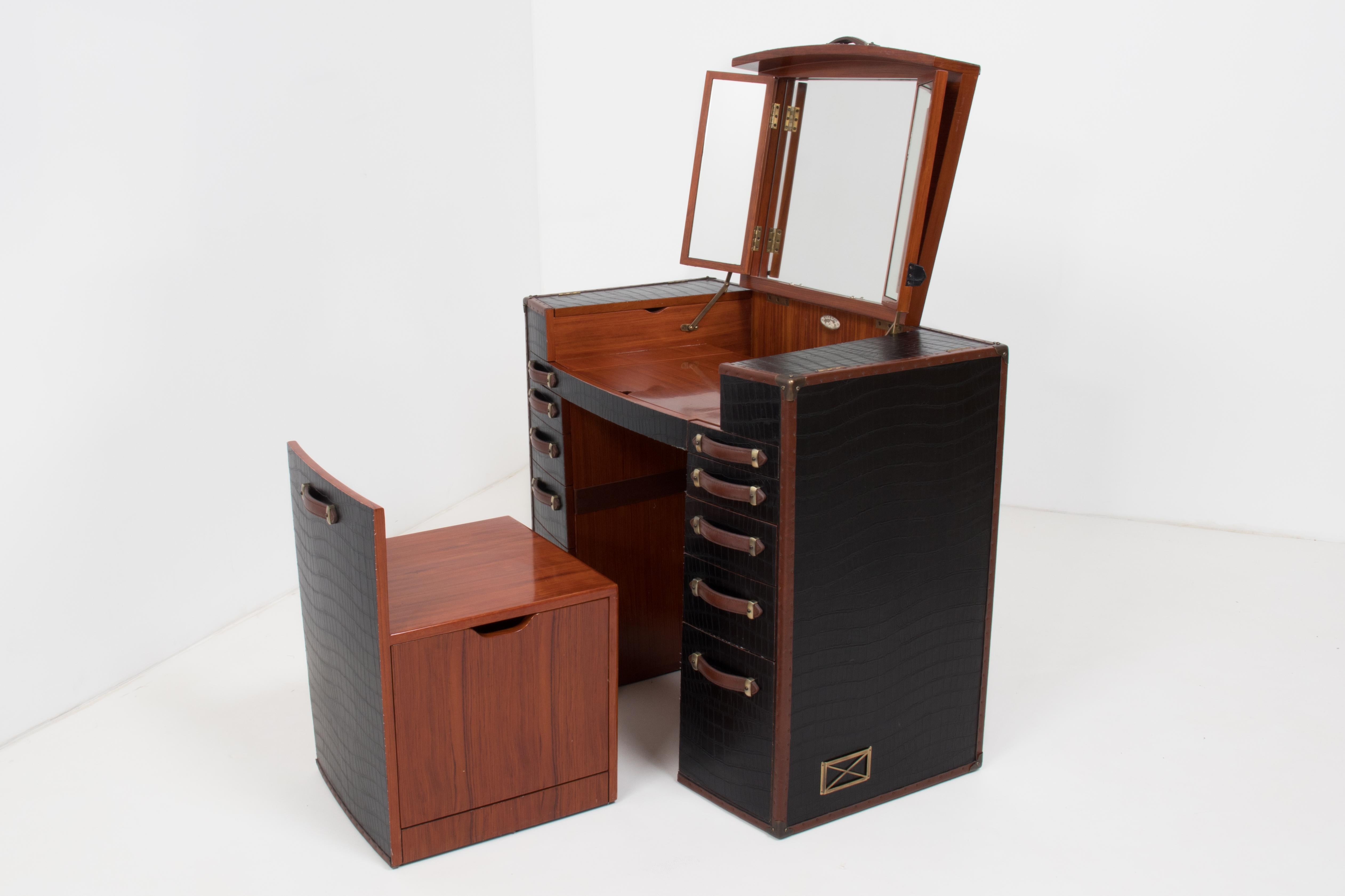 English Starbay La Desirade Black Leather and Rosewood Dresser and Chair