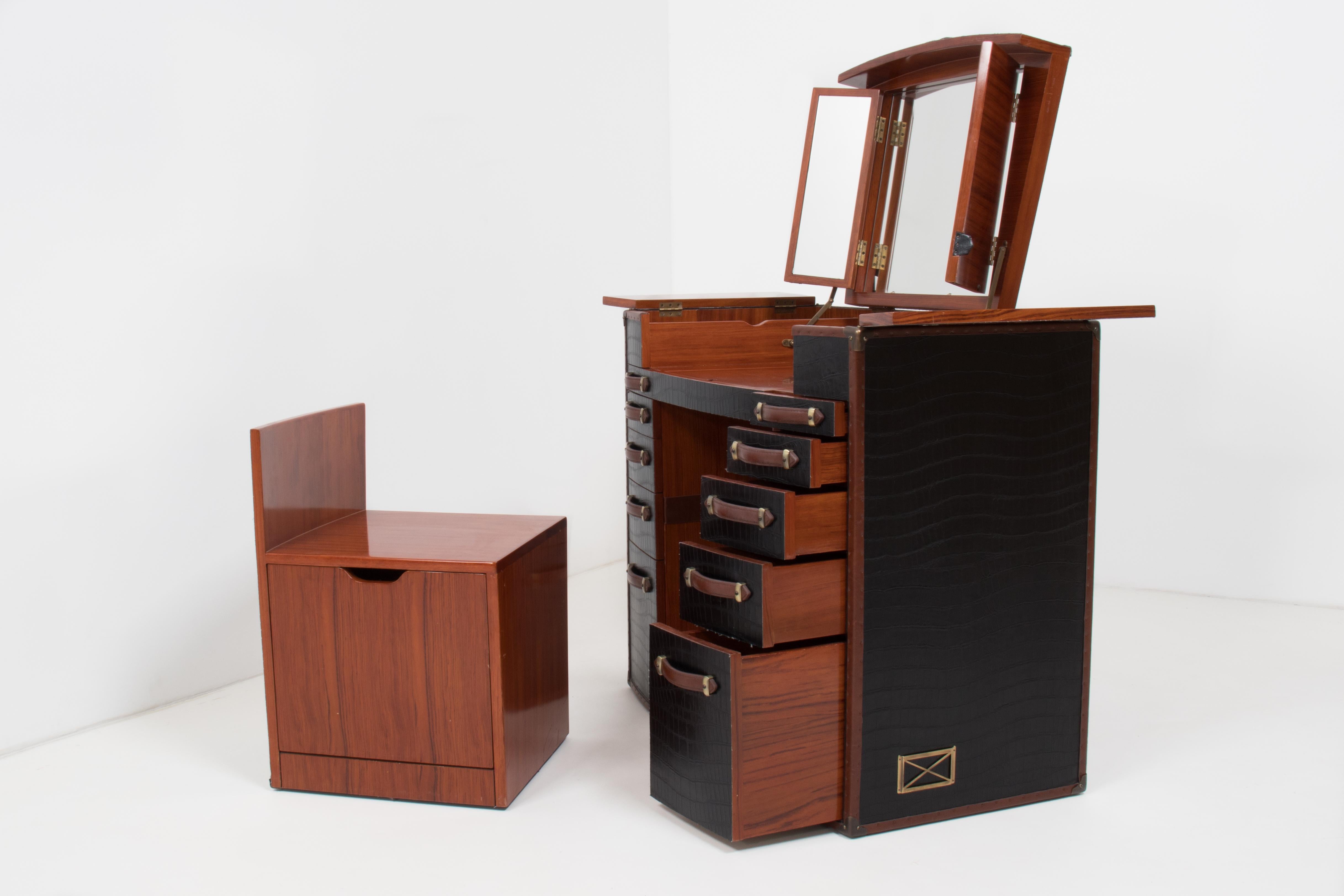 Contemporary Starbay La Desirade Black Leather and Rosewood Dresser and Chair