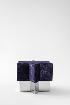 Starboy Pouf by Merve Kahraman, Polished Chrome & Glittered Dark Blue Velvet