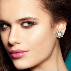 Starburst 15.4 Carat Pearl 18 Karat Gold Diamond Stud Earrings