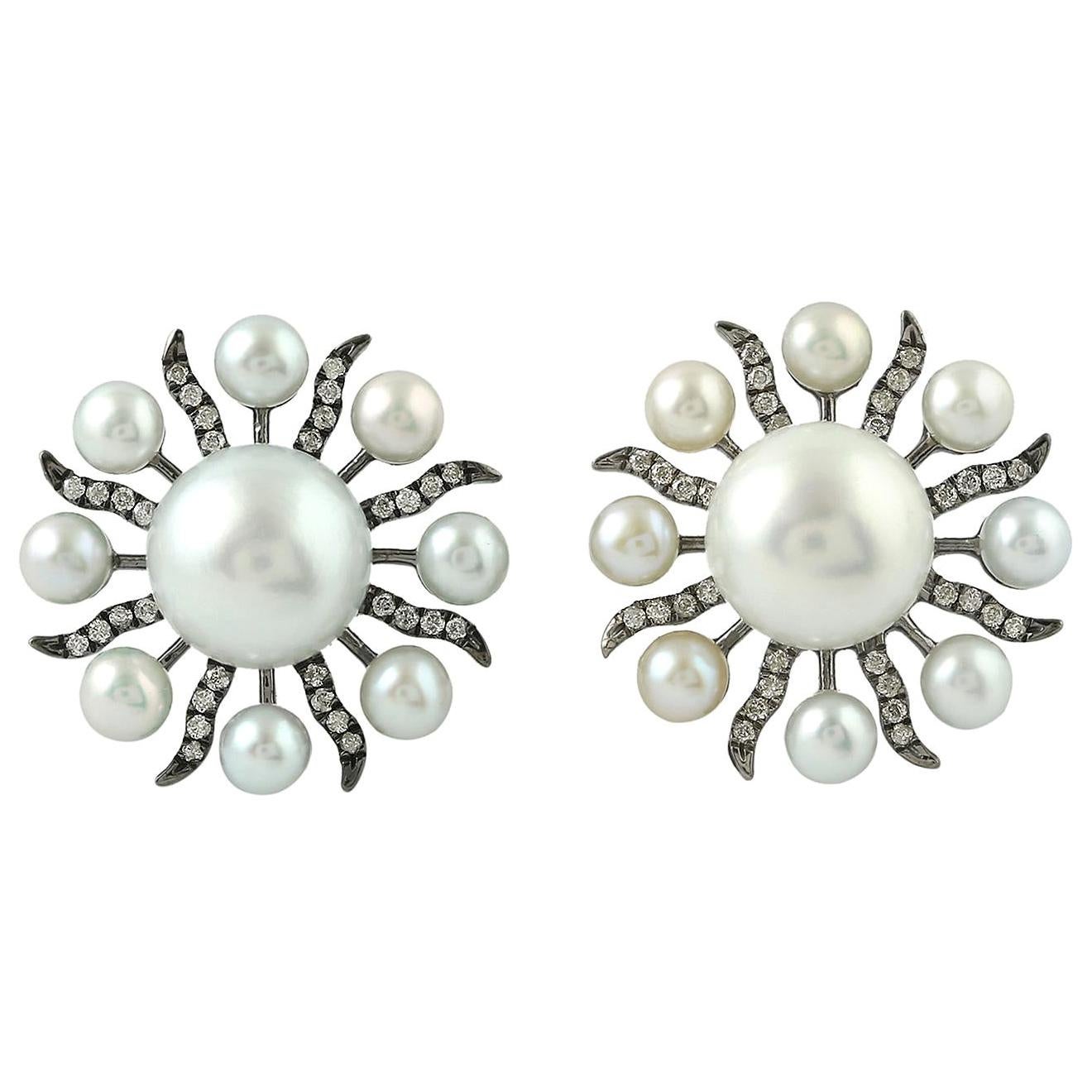 Starburst 15.4 Carat Pearl 18 Karat Gold Diamond Stud Earrings For Sale