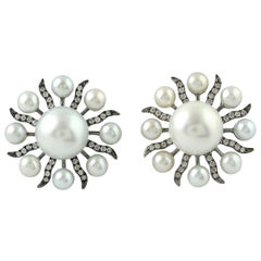 Starburst 15.4 Carat Pearl 18 Karat Gold Diamond Stud Earrings