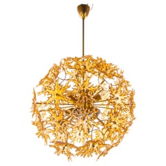 Starburst 22“ Amber Murano Chandelier Iridescent Glass & Brass, SiSche 1960s