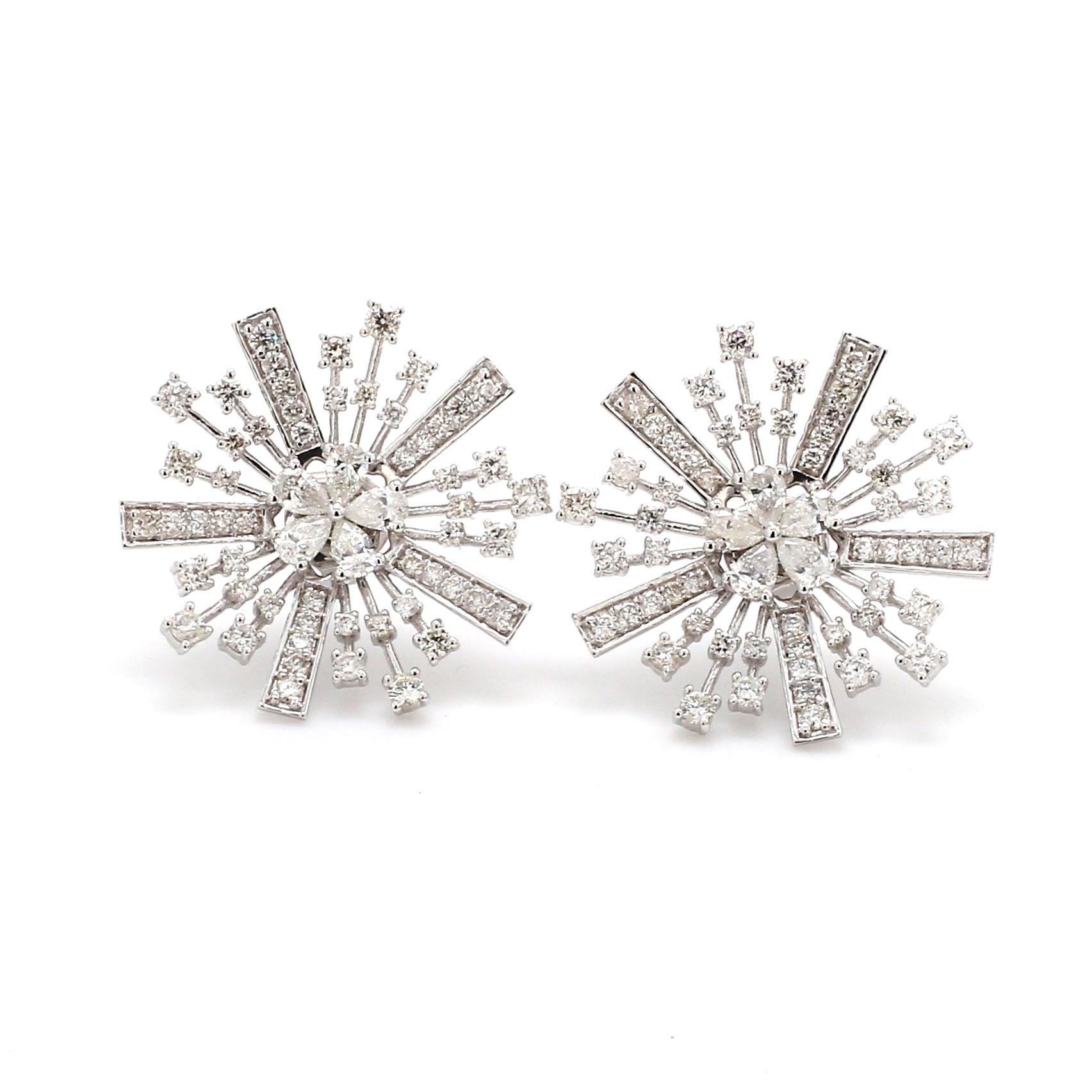 Mixed Cut Starburst 2.70ct SI/H Diamond Stud Earrings in 18k Solid White Gold For Sale