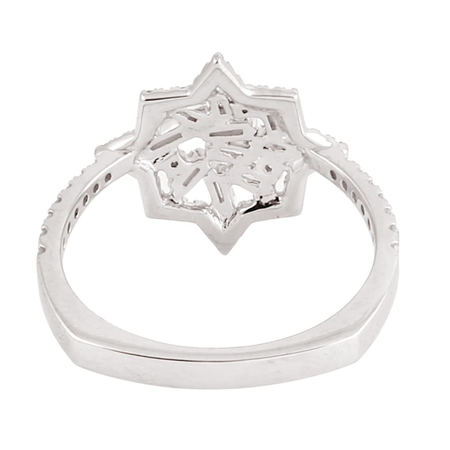 Art Nouveau Starburst Baguette Diamond Ring Made In 18k White Gold For Sale