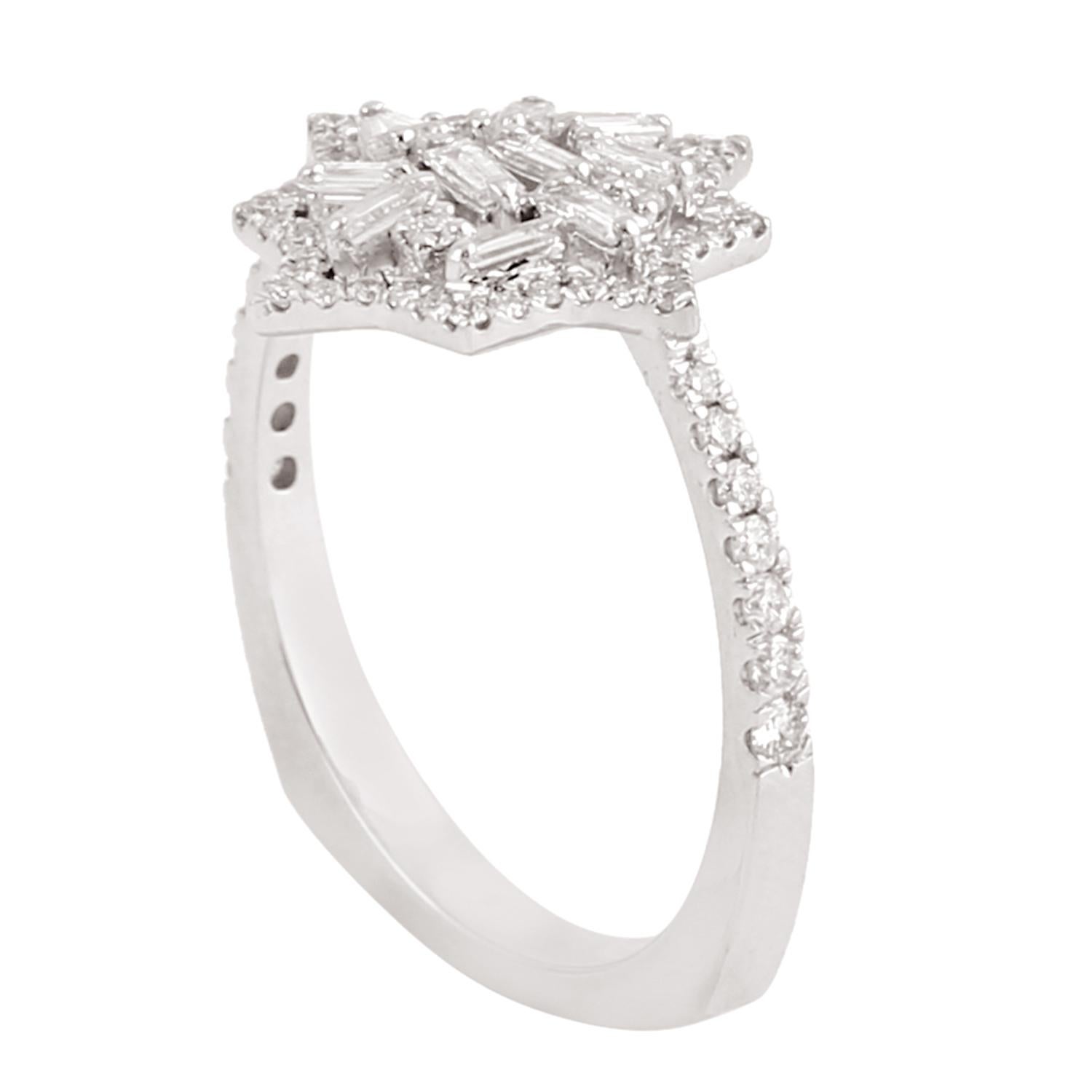 Mixed Cut Starburst Baguette Diamond Ring Made In 18k White Gold For Sale