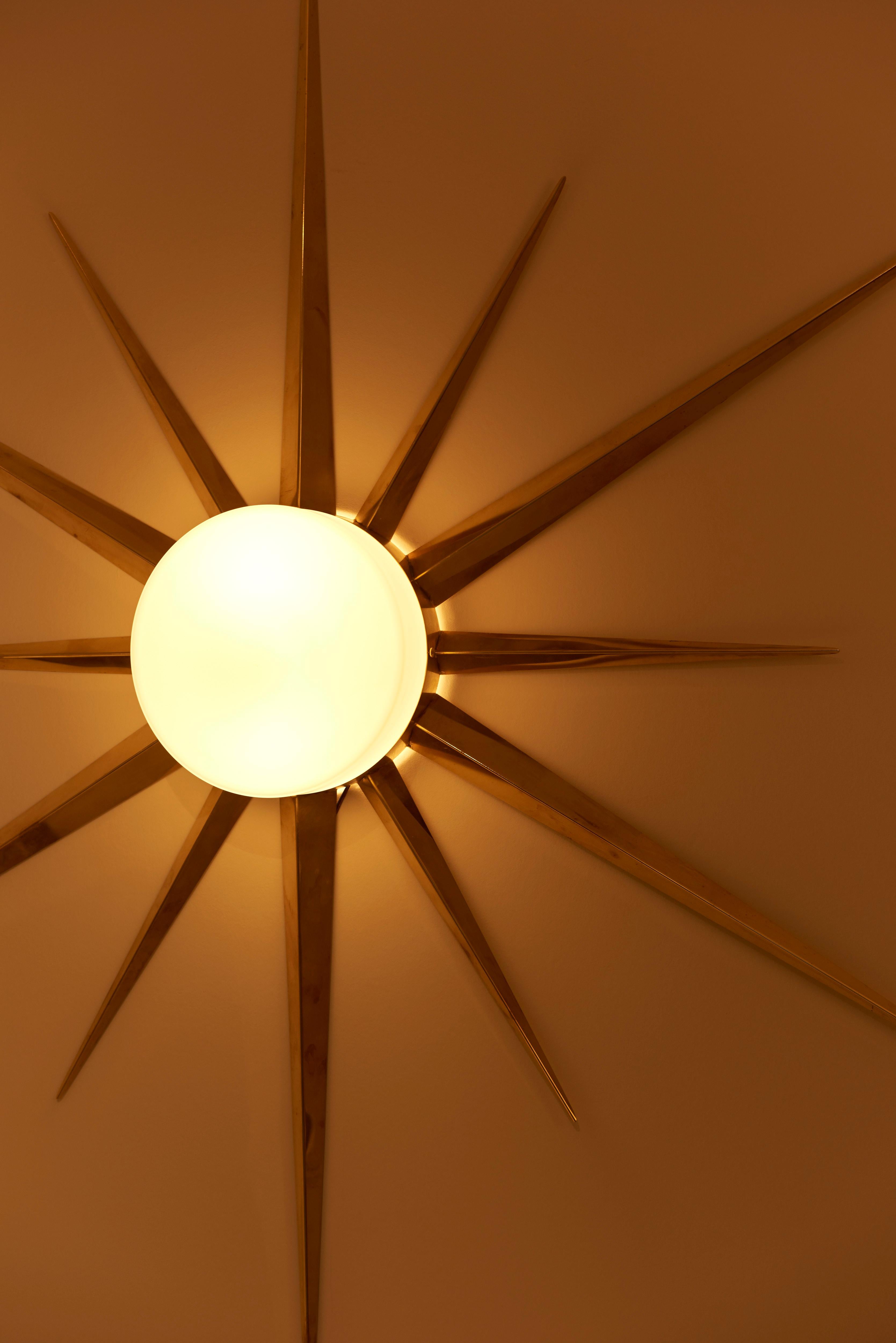 Mid-Century Modern 1 of 5 Starburst Brass and Glass Flush Mount in the manner of Angelo Lelli