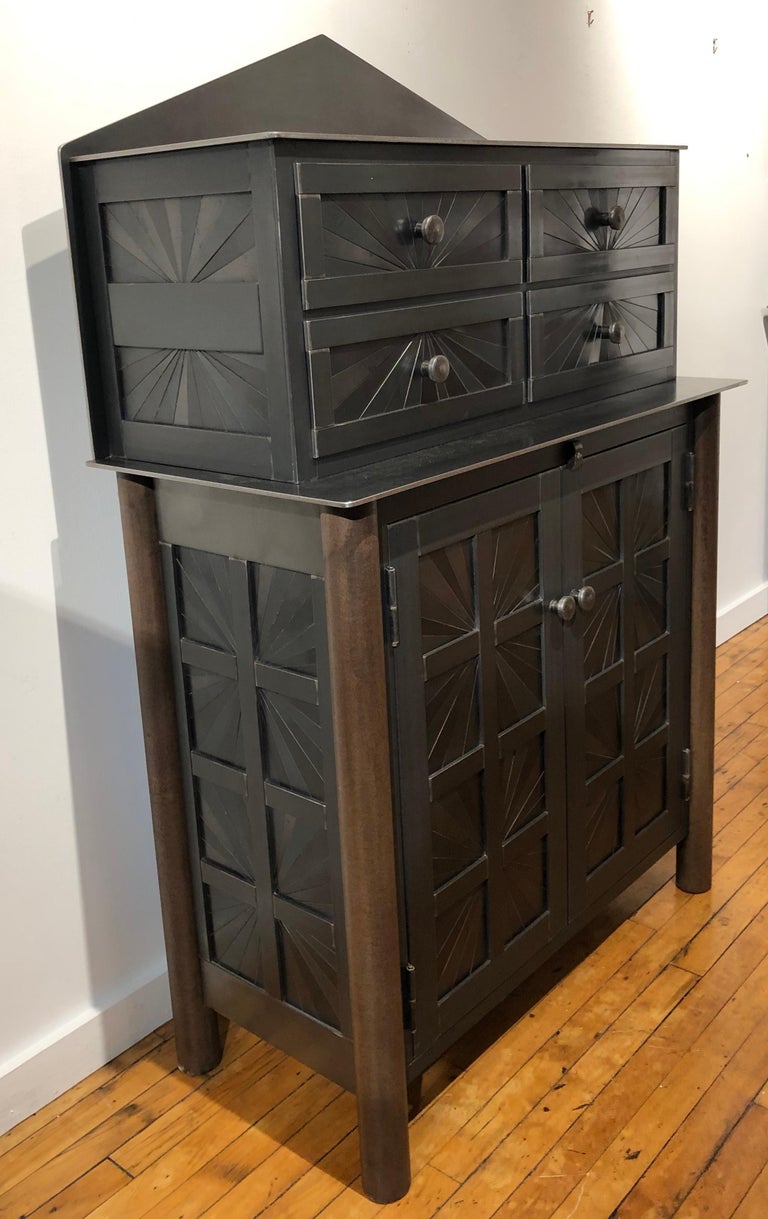 Jim Rose Starburst Pattern Cupboard with Chest of Drawers, Steel Art
