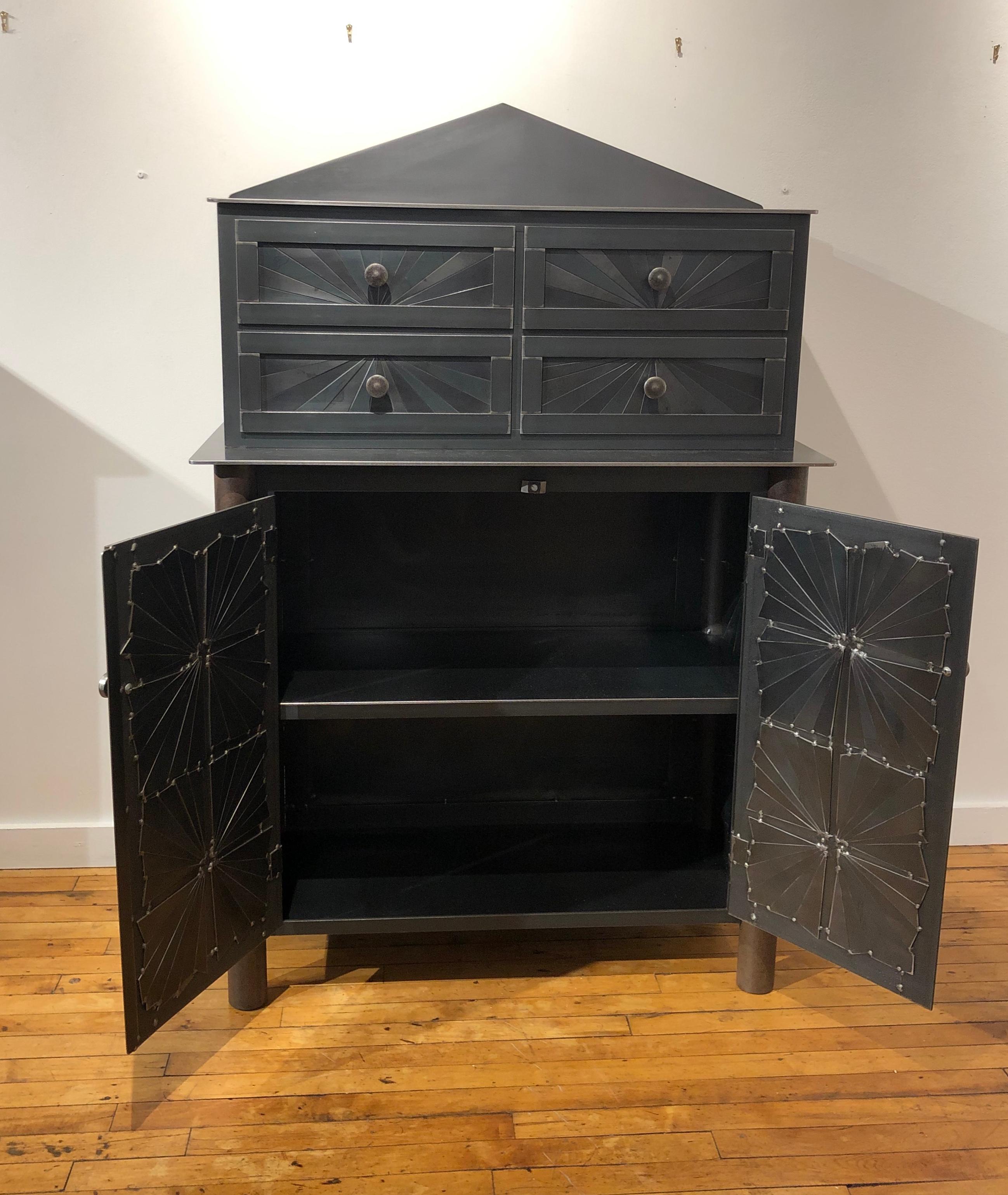 Welded Jim Rose Starburst Pattern Cupboard with Chest of Drawers, Steel Art Furniture