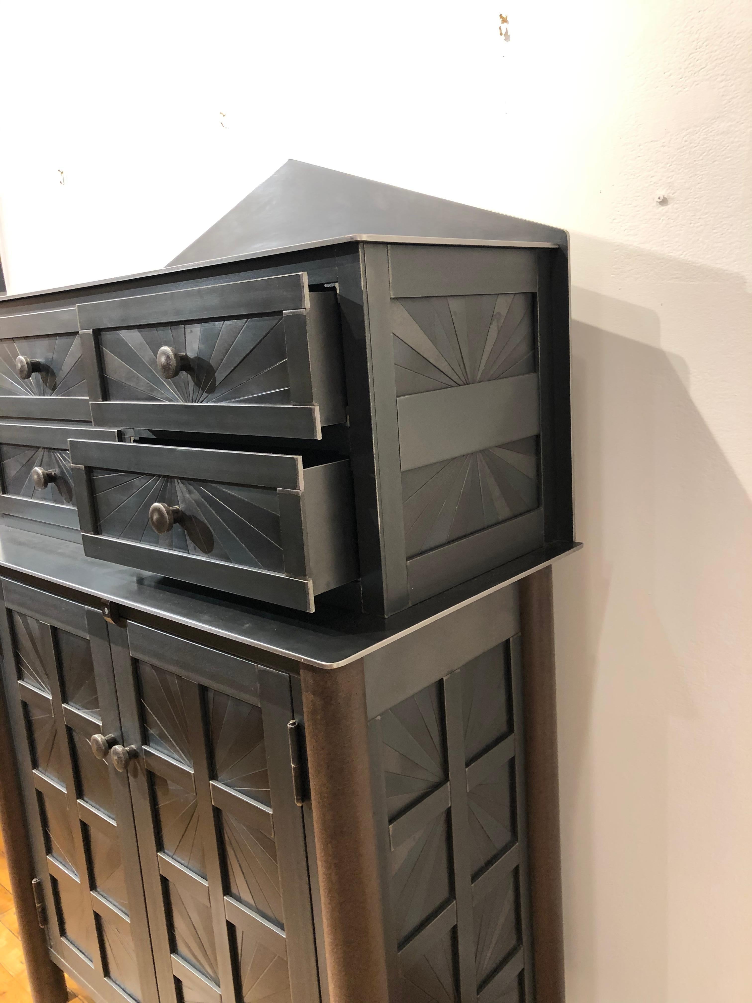 Jim Rose Starburst Pattern Cupboard with Chest of Drawers, Steel Art Furniture In New Condition In Chicago, IL
