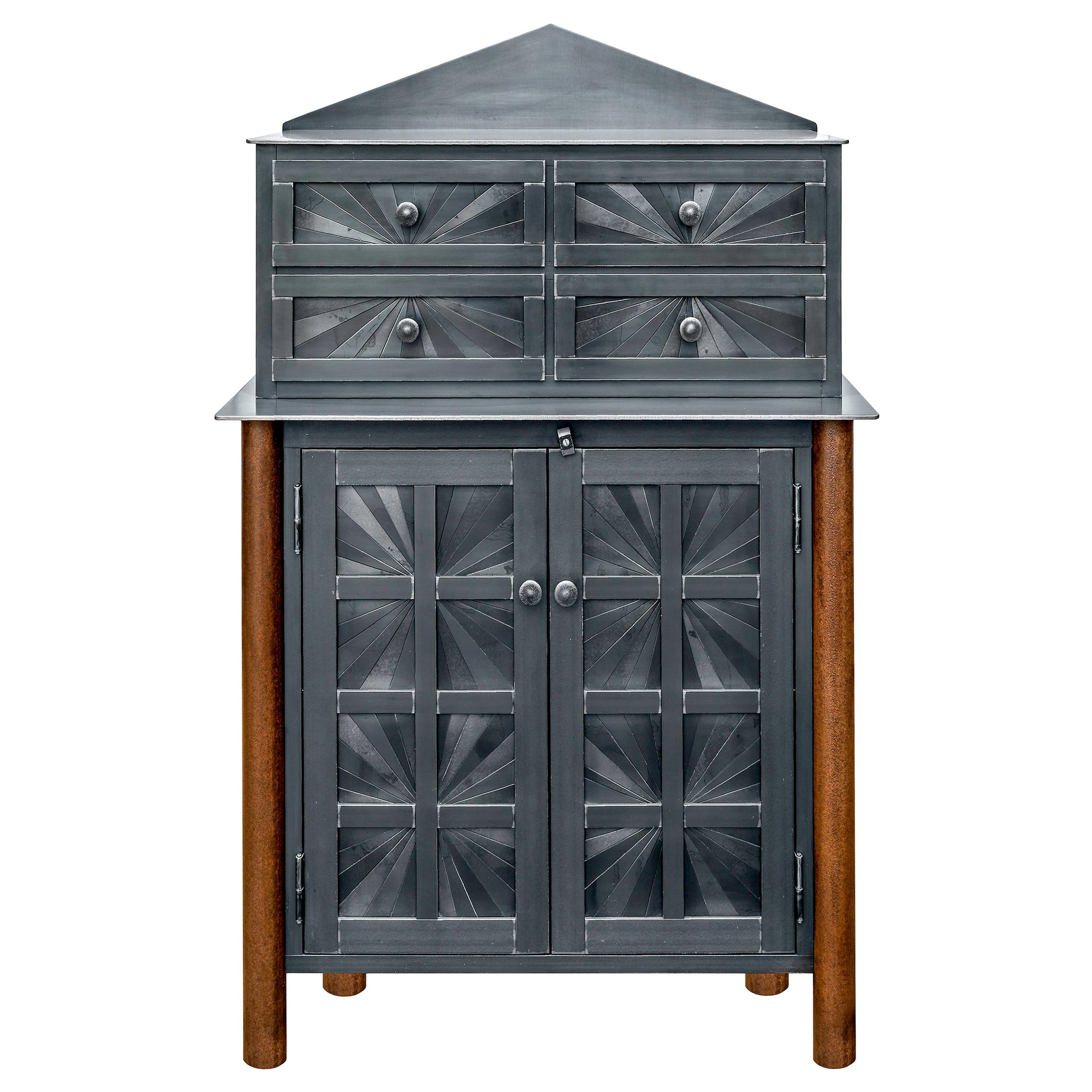 Jim Rose Starburst Pattern Cupboard with Chest of Drawers, Steel Art Furniture