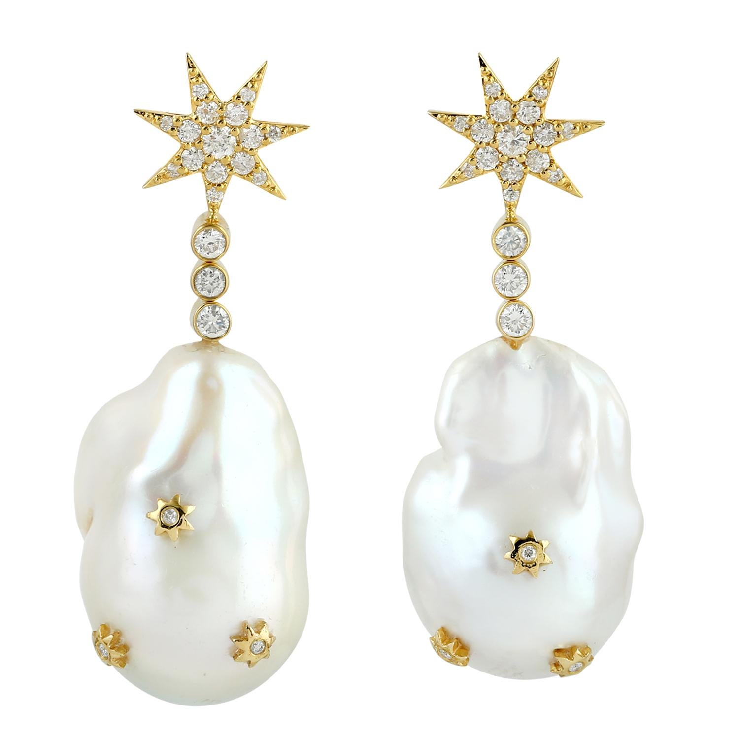 Mixed Cut Starburst Dangle Earrring With Baroque Pearl & Diamonds In 18k Yellow Gold For Sale