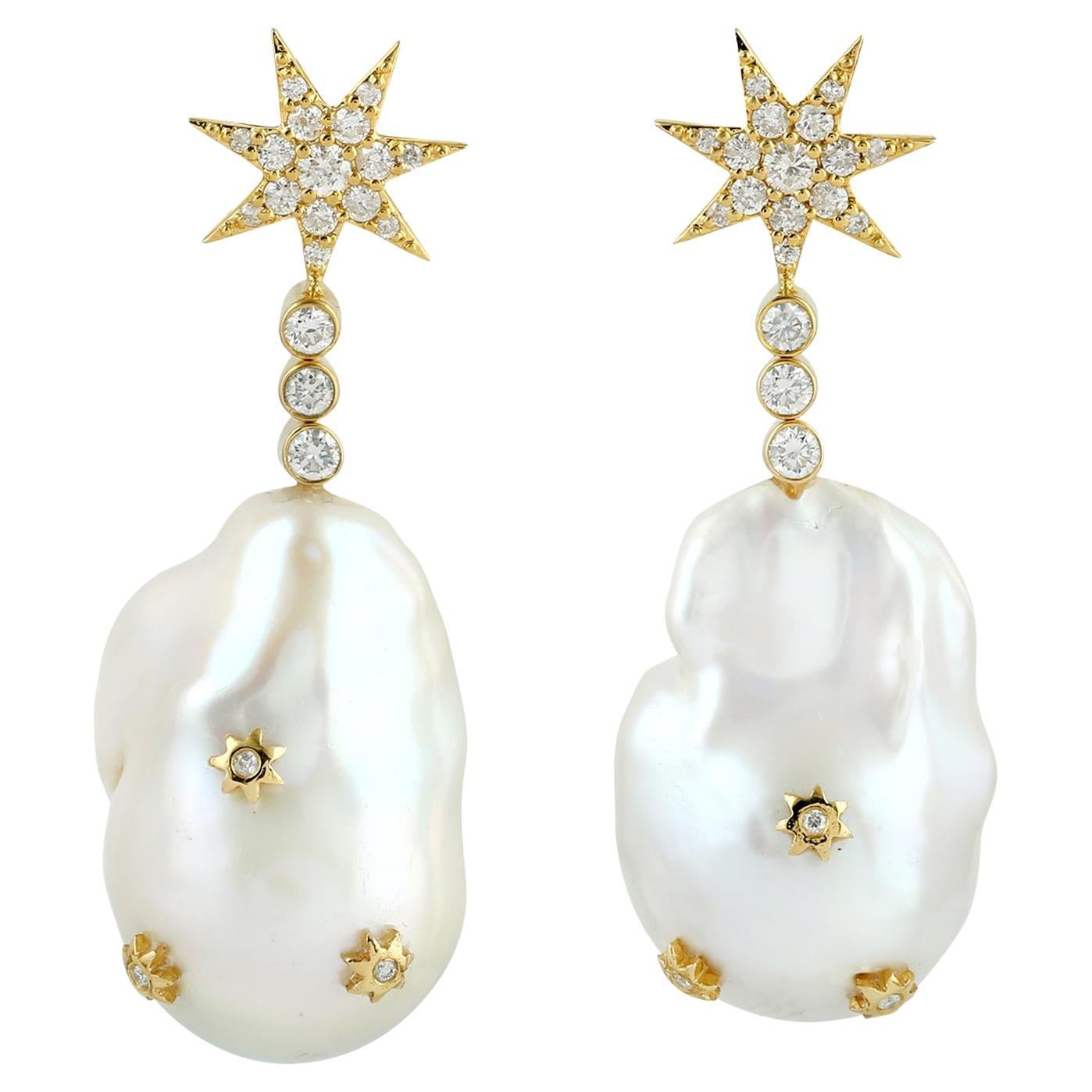 Starburst Dangle Earrring With Baroque Pearl & Diamonds In 18k Yellow Gold For Sale