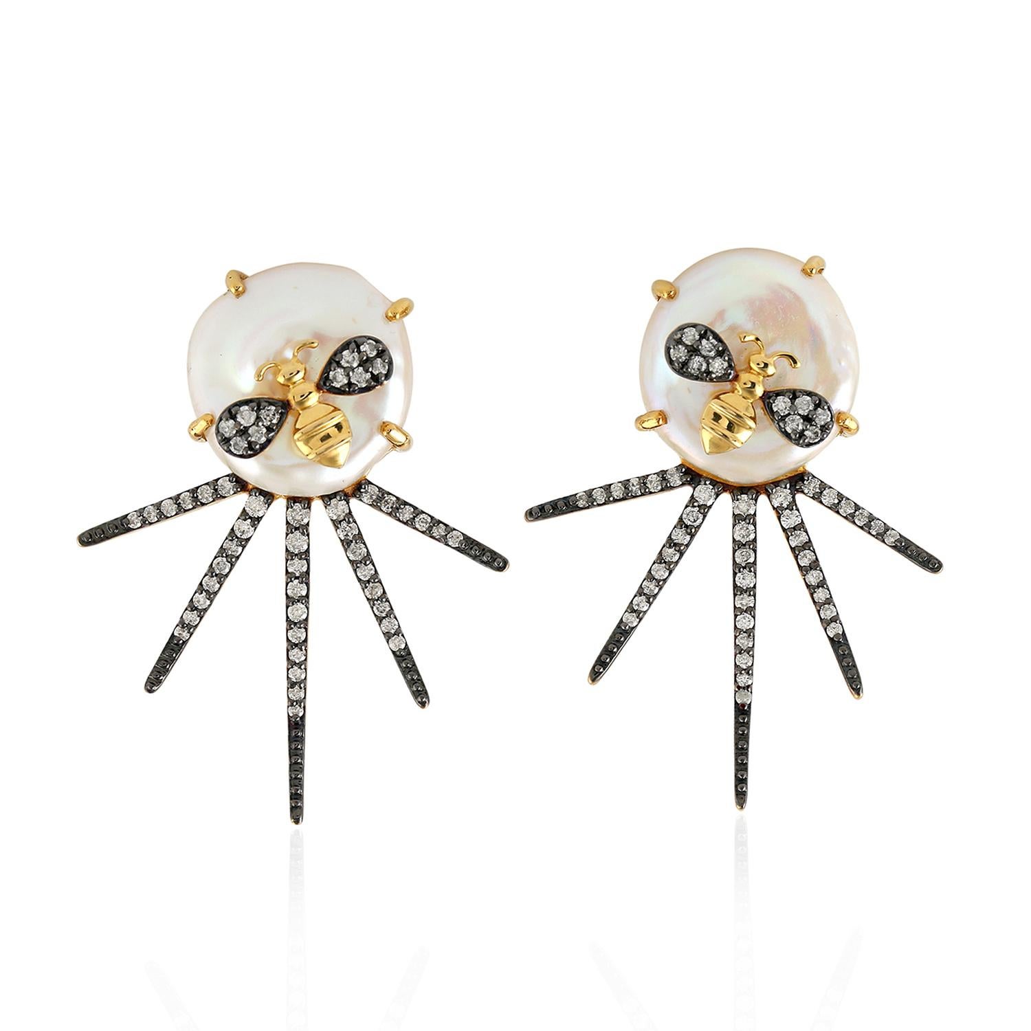 Mixed Cut Starburst Design Pearl Stud Earring with Diamond Made in 18k Gold For Sale