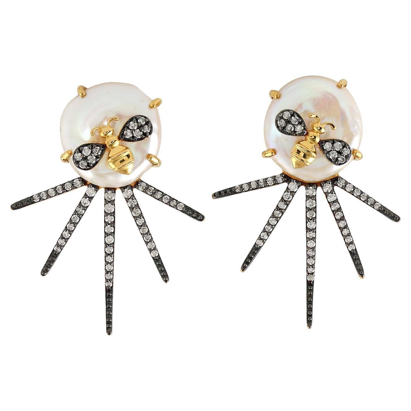 Starburst Design Pearl Stud Earring with Diamond Made in 18k Gold For Sale