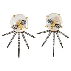 Starburst Design Pearl Stud Earring with Diamond Made in 18k Gold