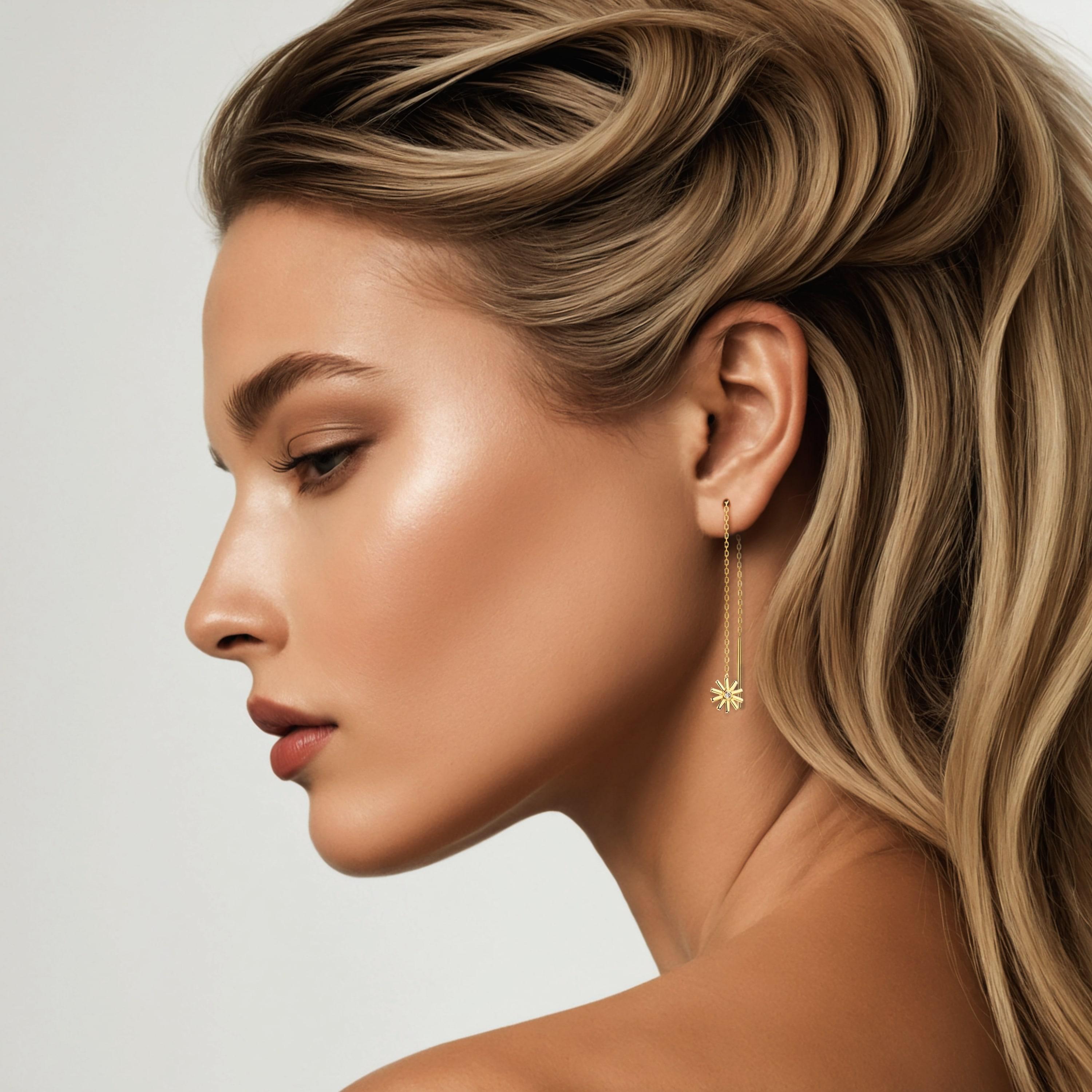 Radiant and luxurious, these Starburst Diamond 14K Yellow Gold Threader Earrings are designed to make a statement. Each earring features a brilliant array of diamonds, carefully set to maximize their sparkle and shine.

Earring Information
Diamond