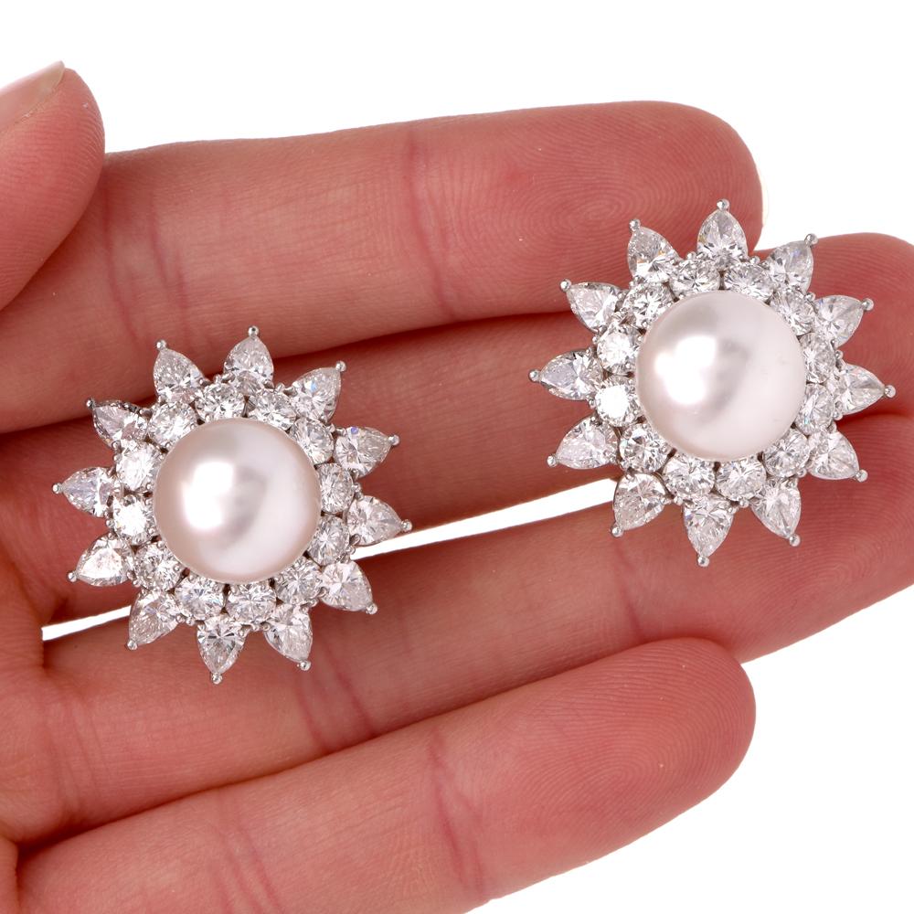 Women's  Starburst Diamond Pearl Platinum Earrings