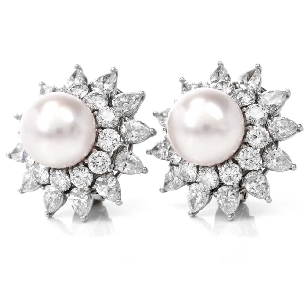  Starburst Diamond Pearl Platinum Earrings In Excellent Condition In Miami, FL