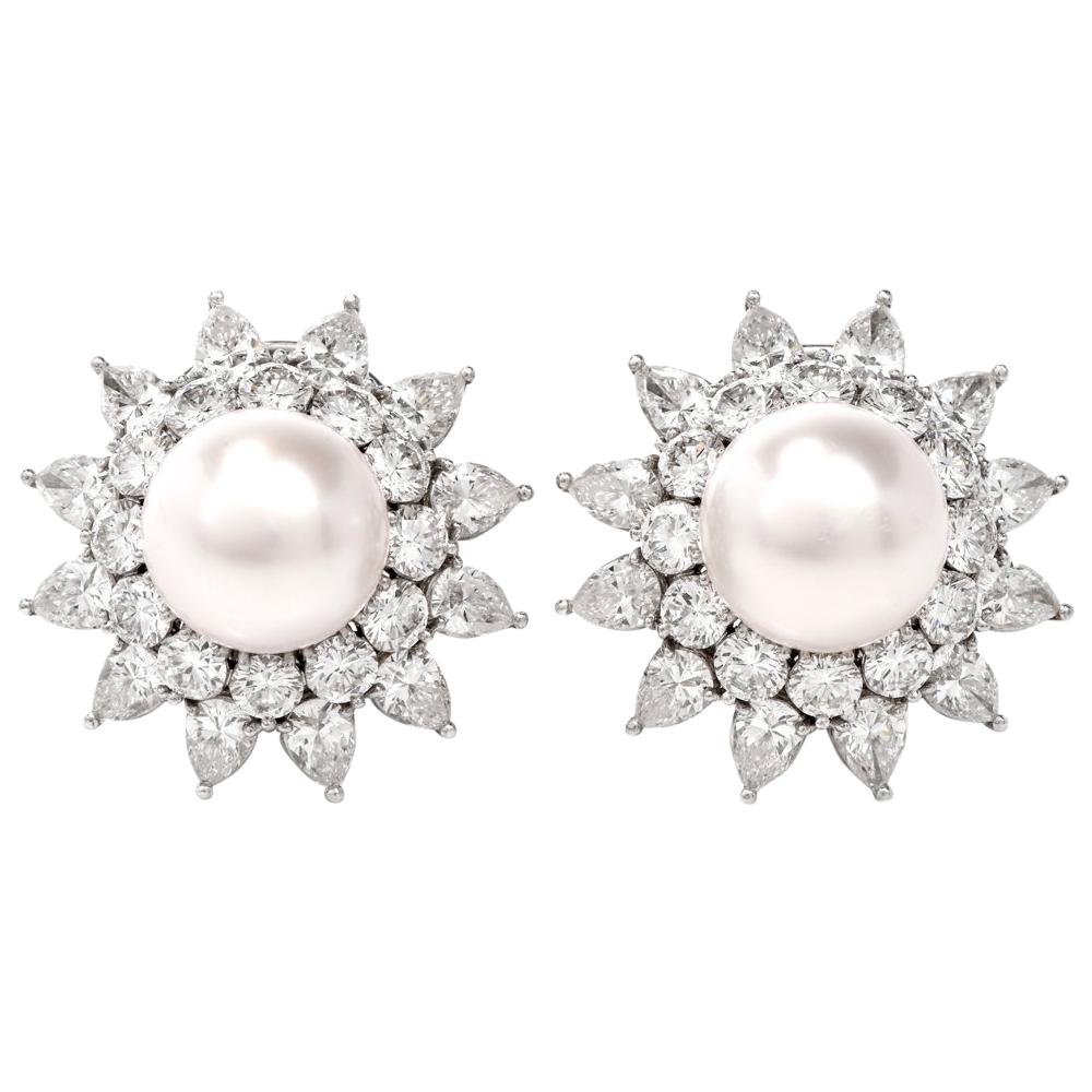  Starburst Diamond Pearl Platinum Earrings