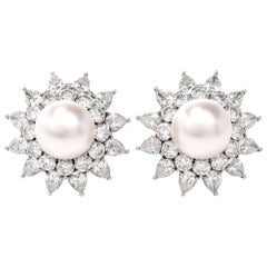 Retro  Starburst Diamond Pearl Platinum Earrings