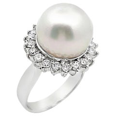 Starburst Diamond Ring with South Sea Pearl in 14K White Gold