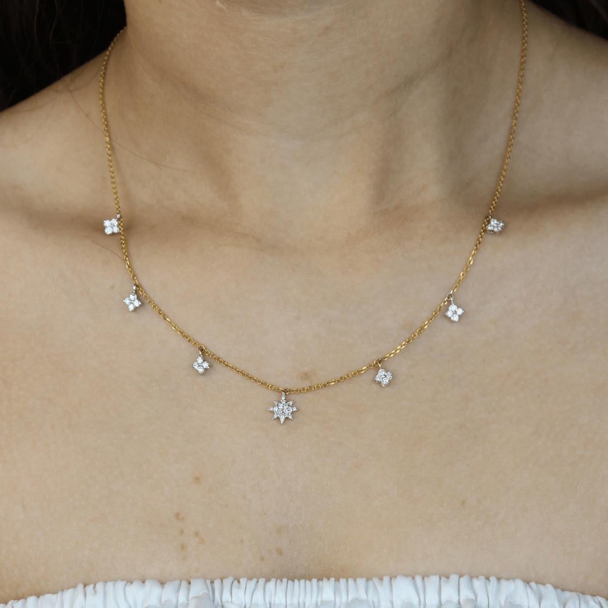 Art déco Collier station de diamants en étoile en or massif 14k (certifié) en vente