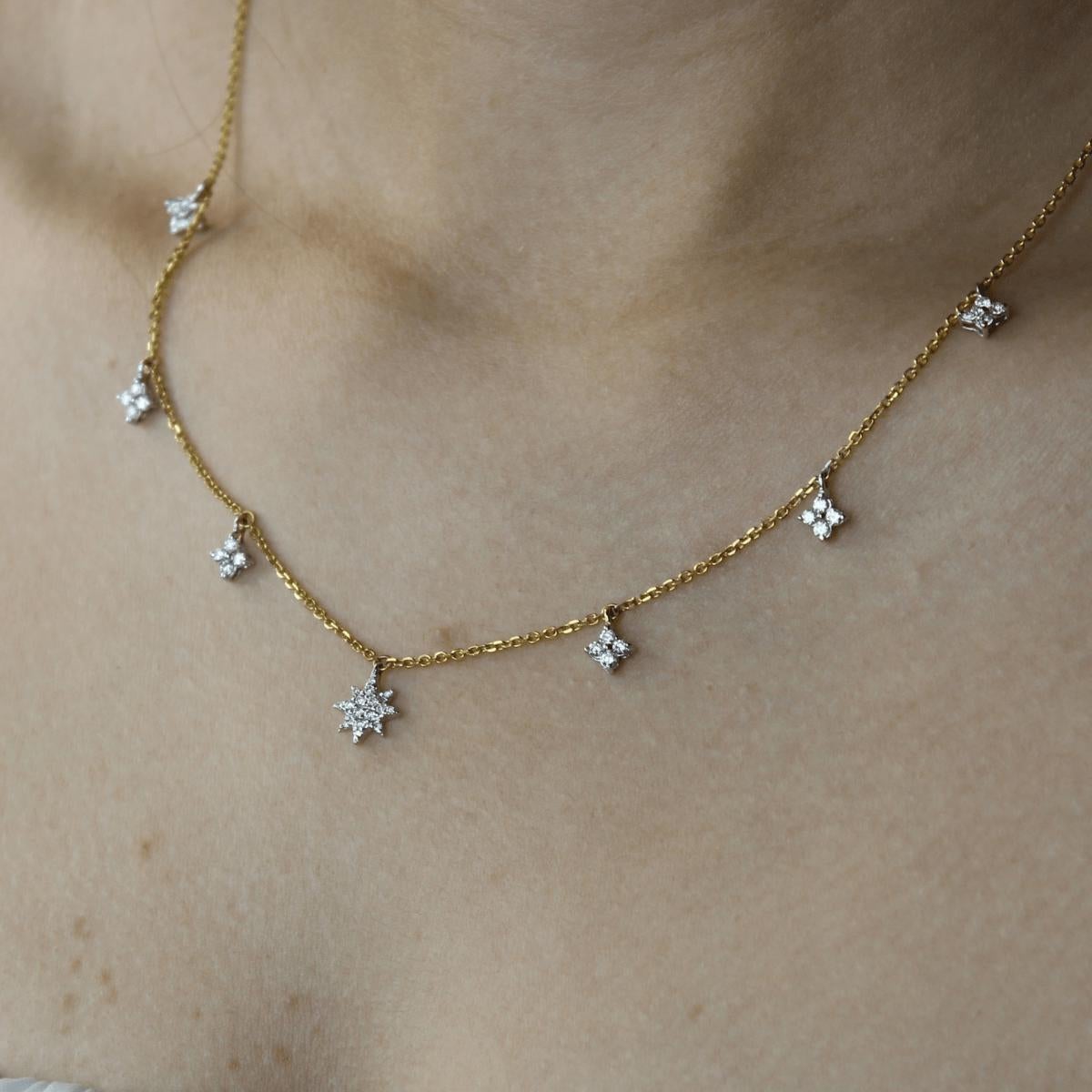 Taille ronde Collier station de diamants en étoile en or massif 14k (certifié) en vente