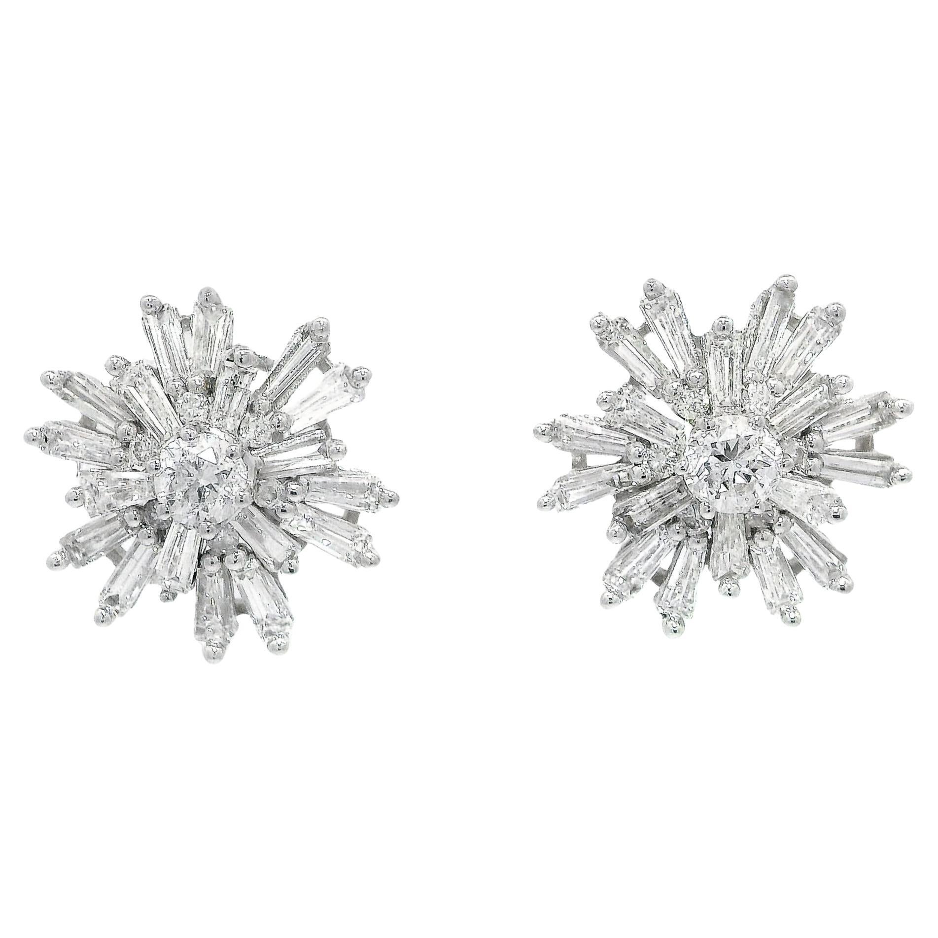Starburst Diamond Stud Earrings in 18K White Gold For Sale