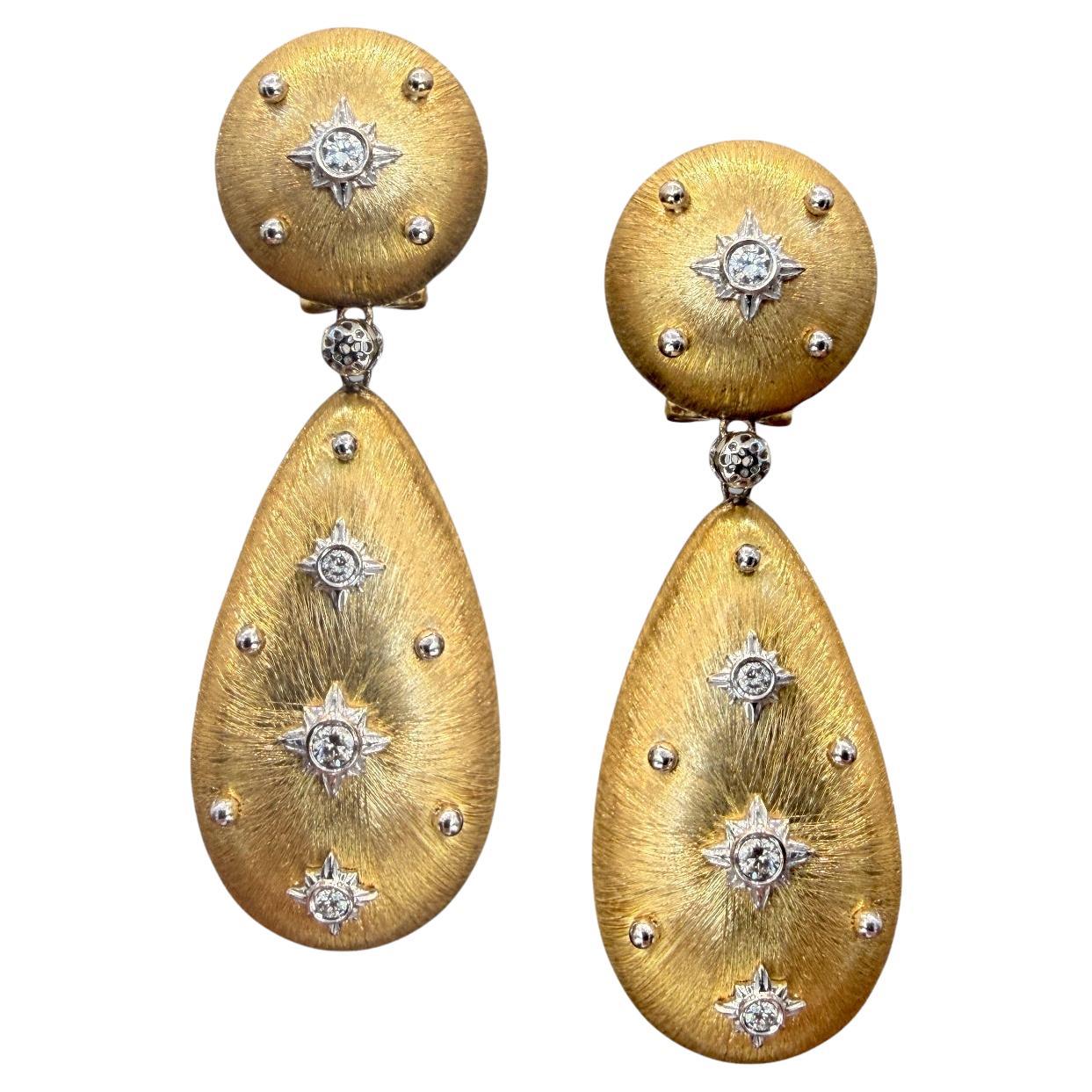 Starburst Diamond Teardrop Earrings Solid 18K Yellow Gold Statement Drops