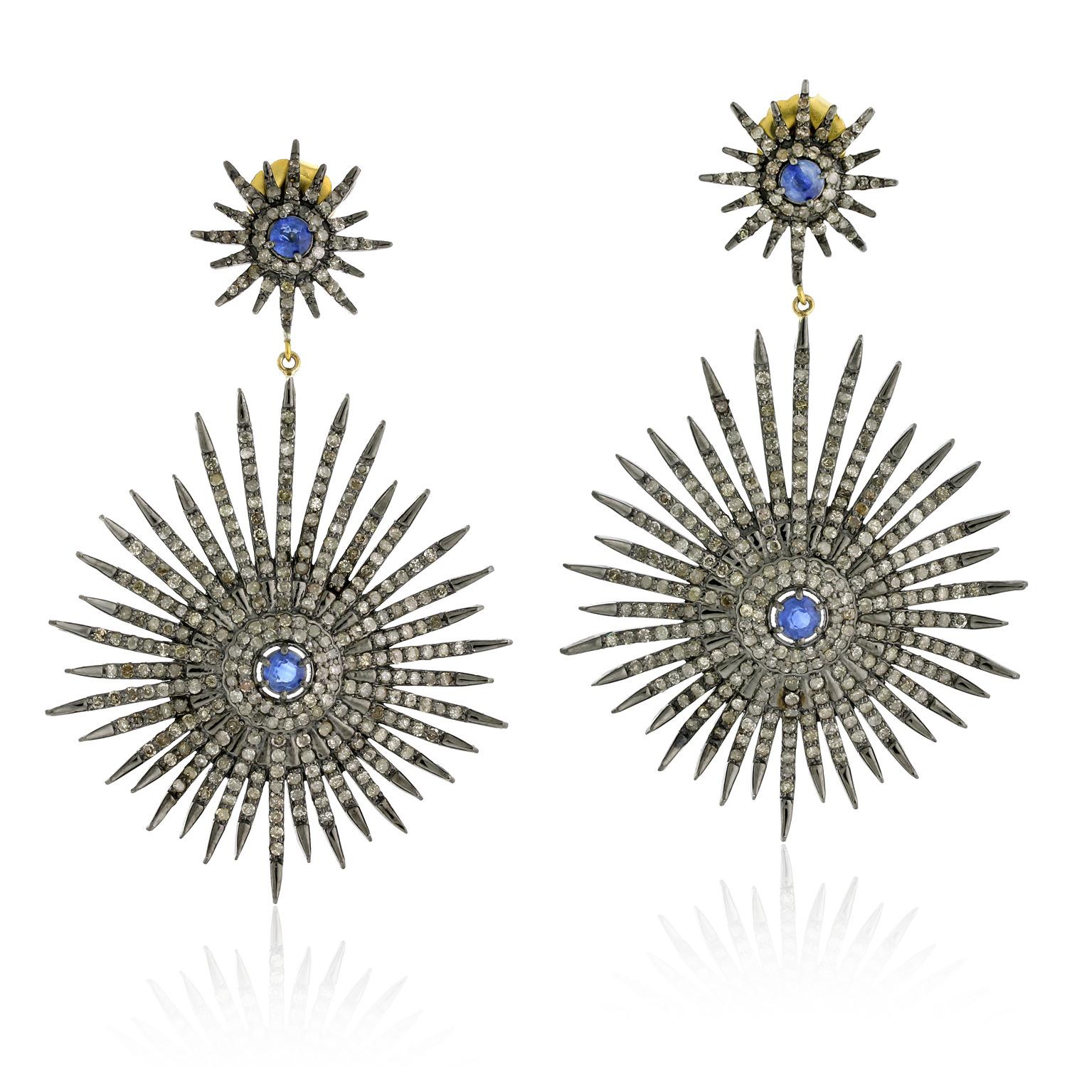 Mixed Cut Starburst Earrings with Kyanite & Pave Diamonds Made in 14k Gold & Silver For Sale