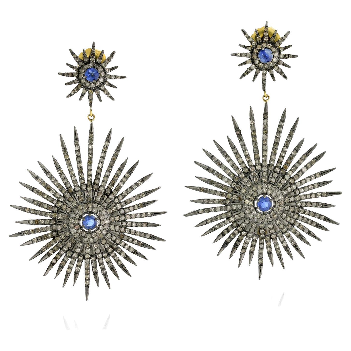 Starburst-Ohrringe aus 14 Karat Gold und Silber mit Kyanit und Pavé-Diamanten