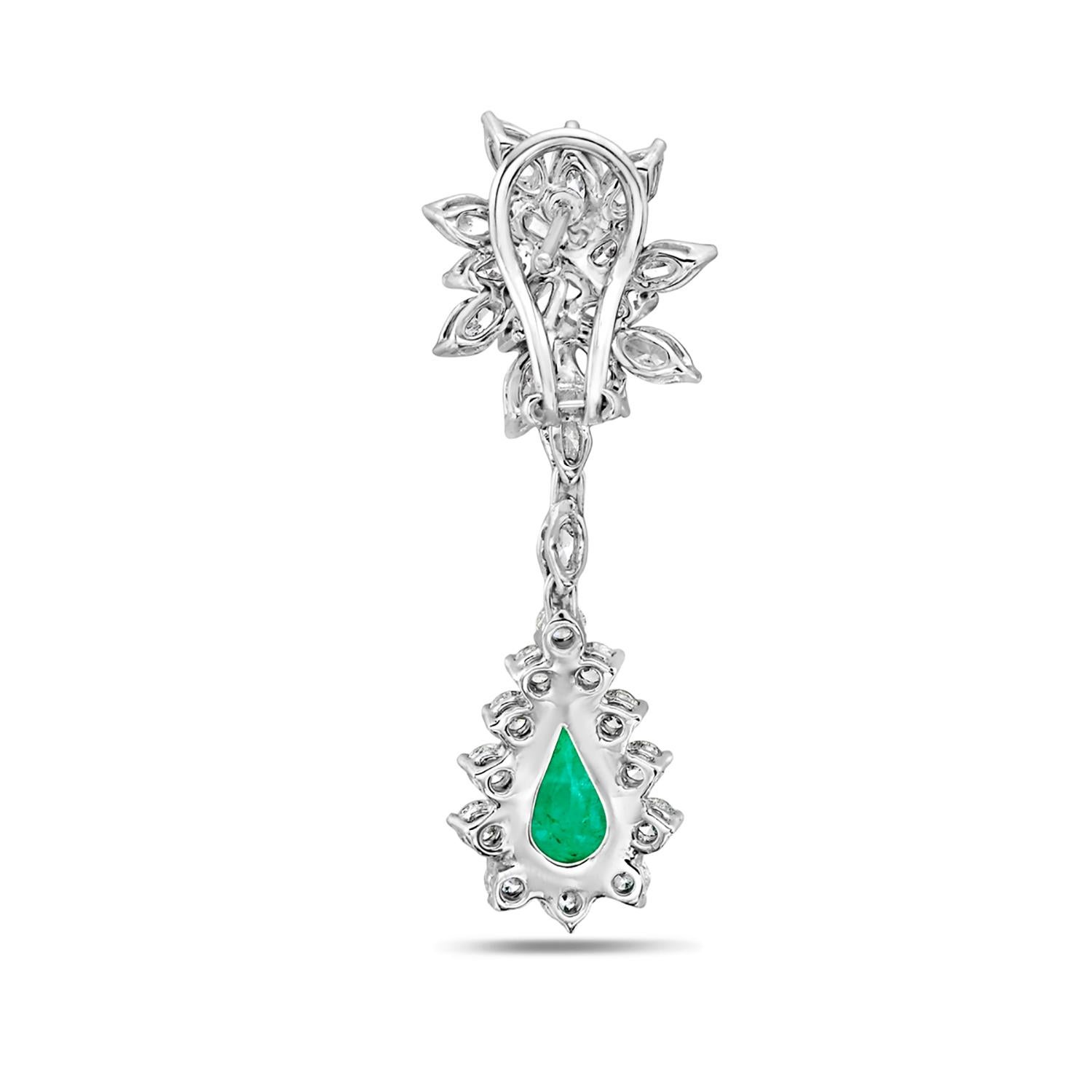 Mixed Cut Starburst Earrings with Pear Shaped Emerald & VS Diamonds in 18k White Gold For Sale