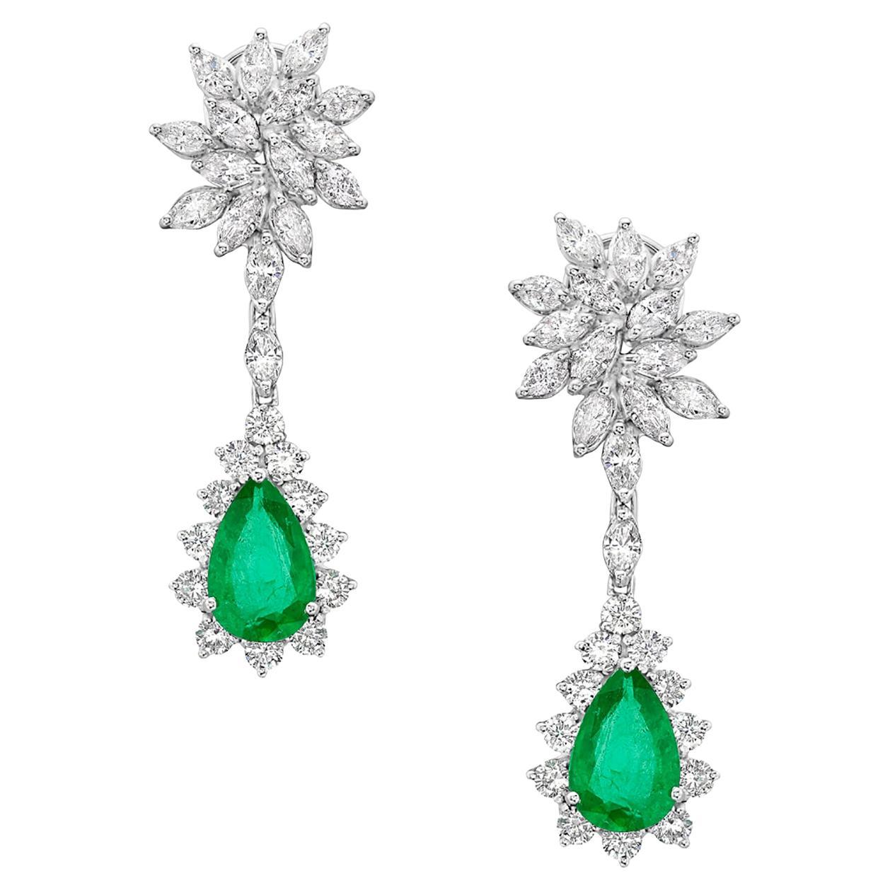 Starburst Earrings with Pear Shaped Emerald & VS Diamonds in 18k White Gold For Sale