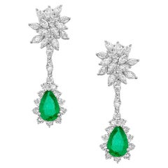 Starburst Earrings with Pear Shaped Emerald & VS Diamonds in 18k White Gold