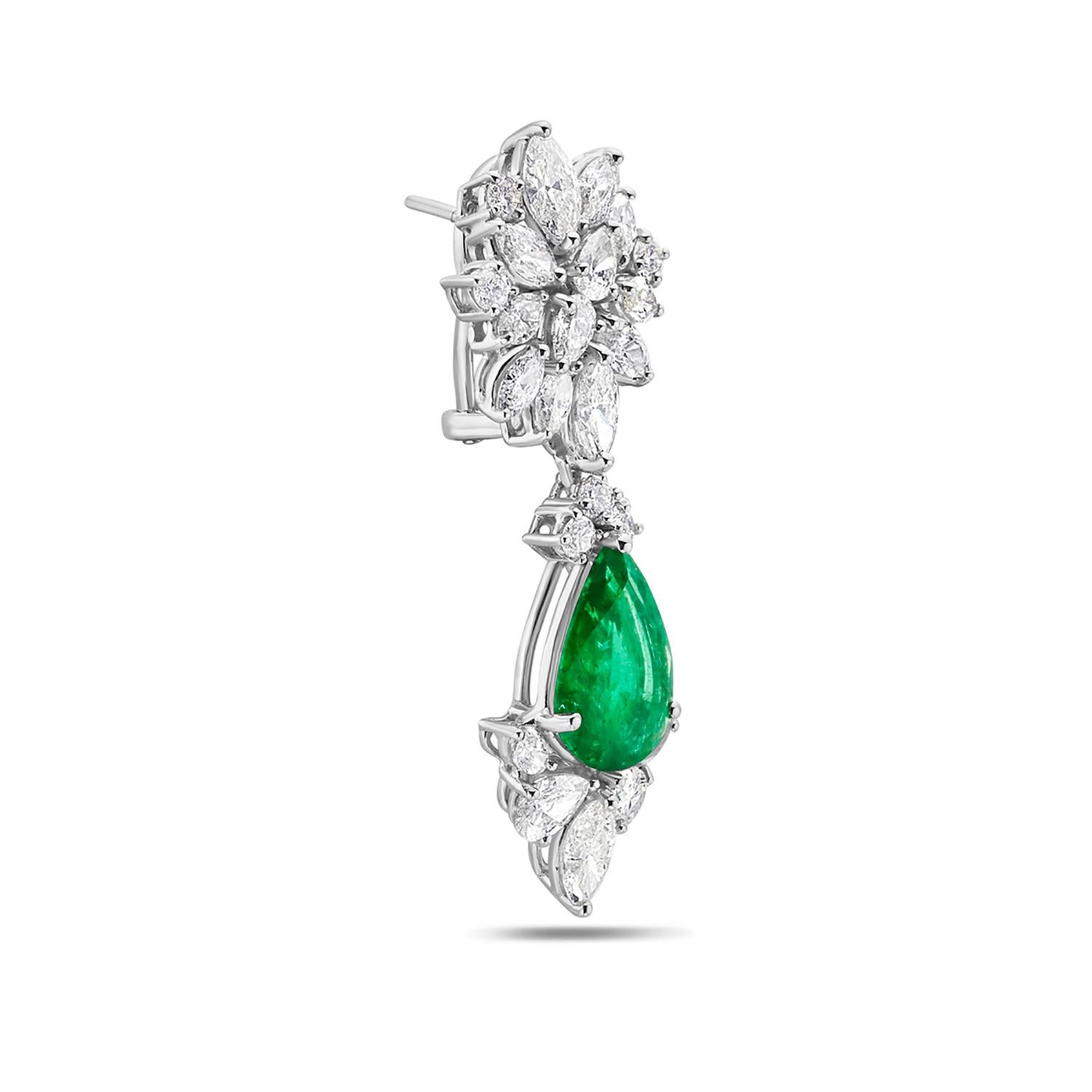 Contemporary Starburst Earrings With Zambian Emerald Accented With Diamonds In 18k White Gold For Sale