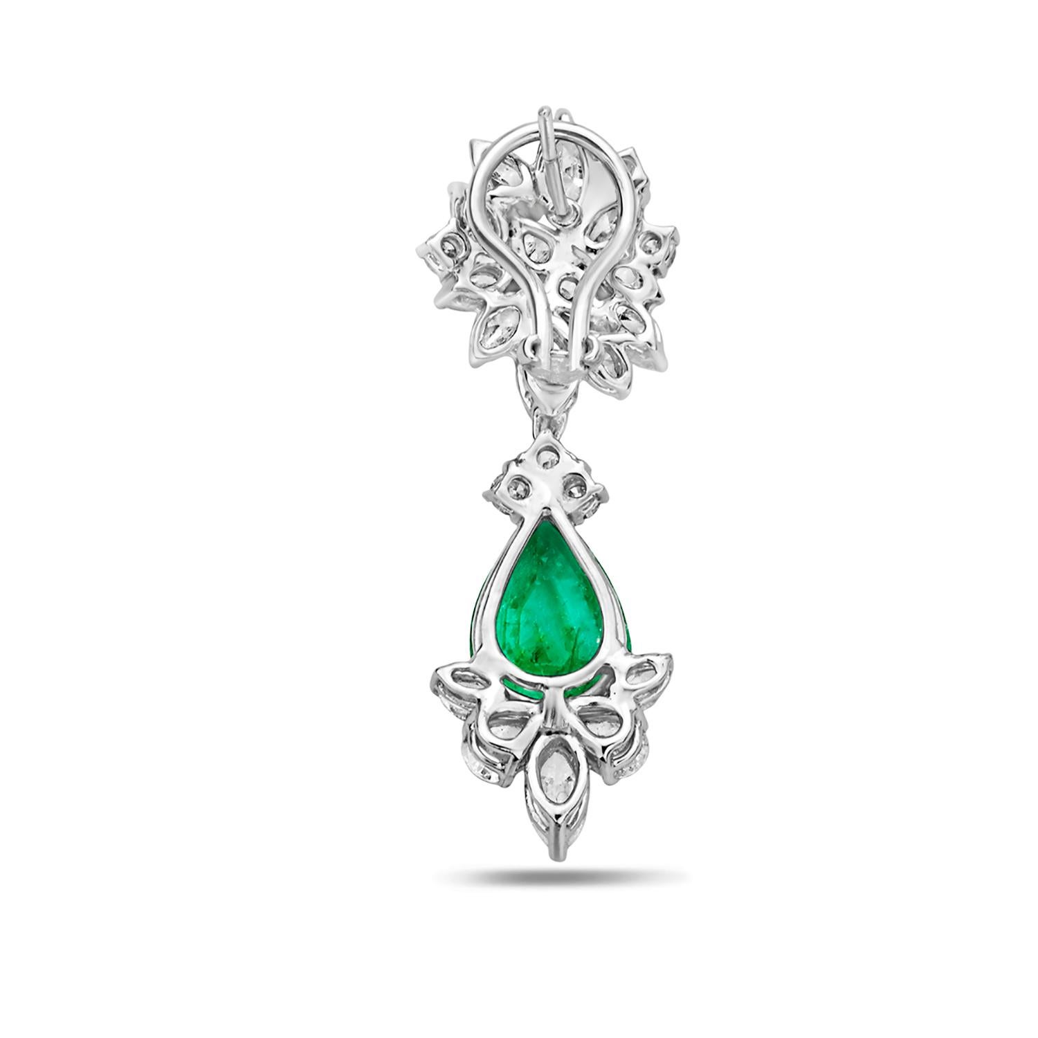 Mixed Cut Starburst Earrings With Zambian Emerald Accented With Diamonds In 18k White Gold For Sale