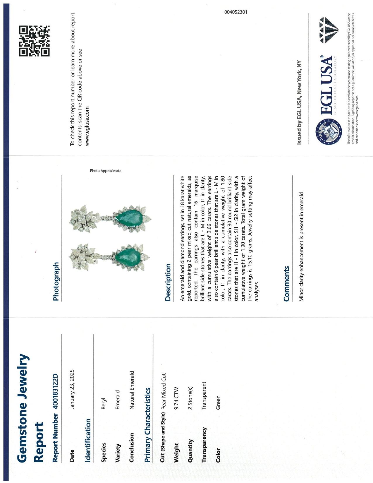 Pendientes Starburst con Esmeralda de Zambia Acentuada con Diamantes en Oro Blanco de 18k en venta 1