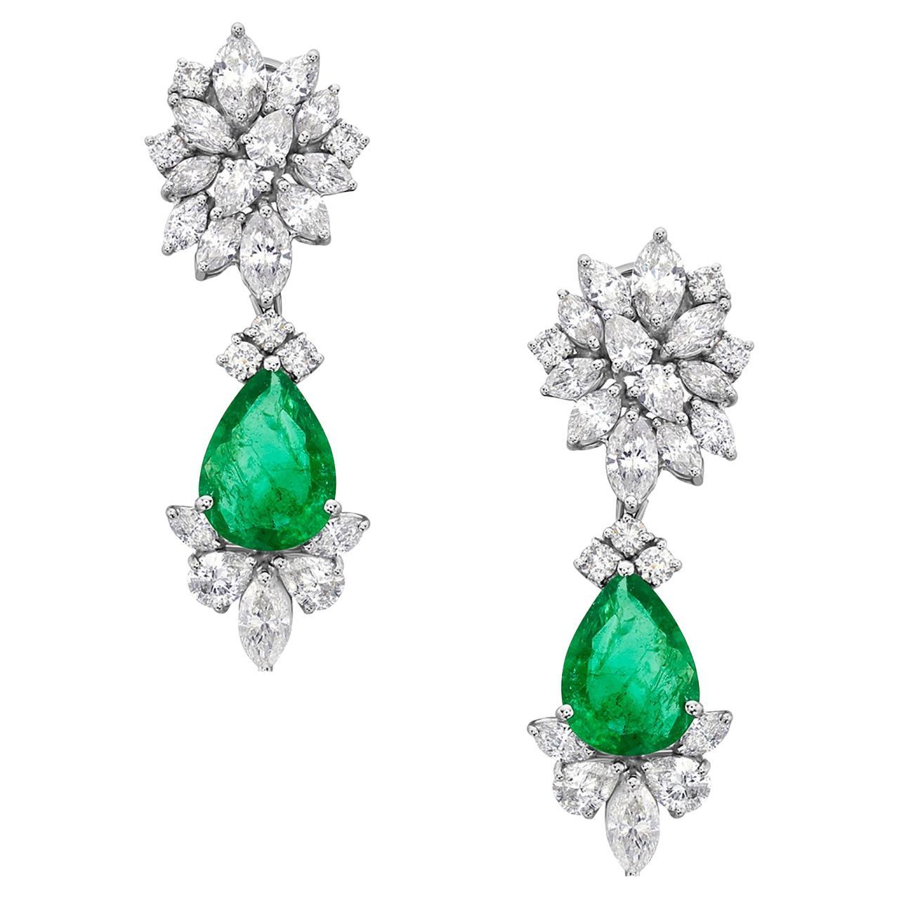 Starburst Earrings With Zambian Emerald Accented With Diamonds In 18k White Gold For Sale