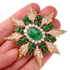 Starburst Emerald Cabochon and Diamond Yellow Gold Lapel Brooch