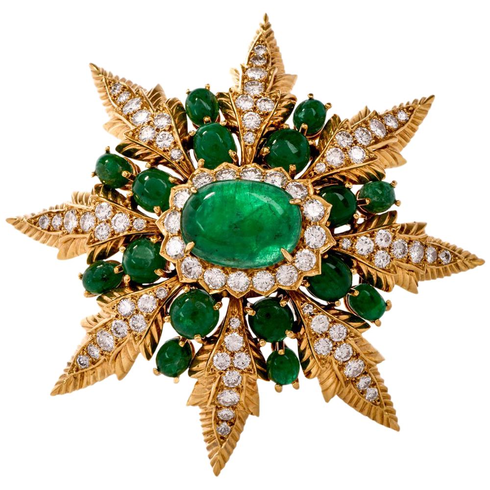 Starburst Emerald Cabochon and Diamond Yellow Gold Lapel Brooch at 1stDibs