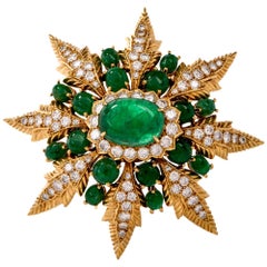 Starburst Emerald Cabochon and Diamond Yellow Gold Lapel Brooch