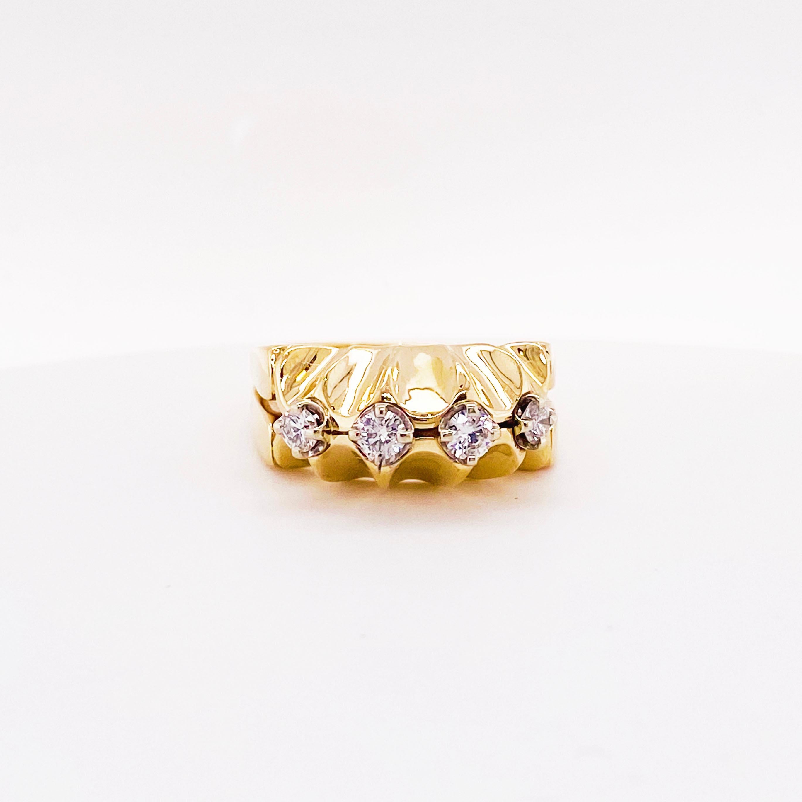 This diamond ring is amazing with a starburst of four diamonds. This 14 karat yellow gold ring is nice and heavy with four equal size diamonds that are .10 carat each and set in 14 karat white gold prongs for security and to help reflect the white