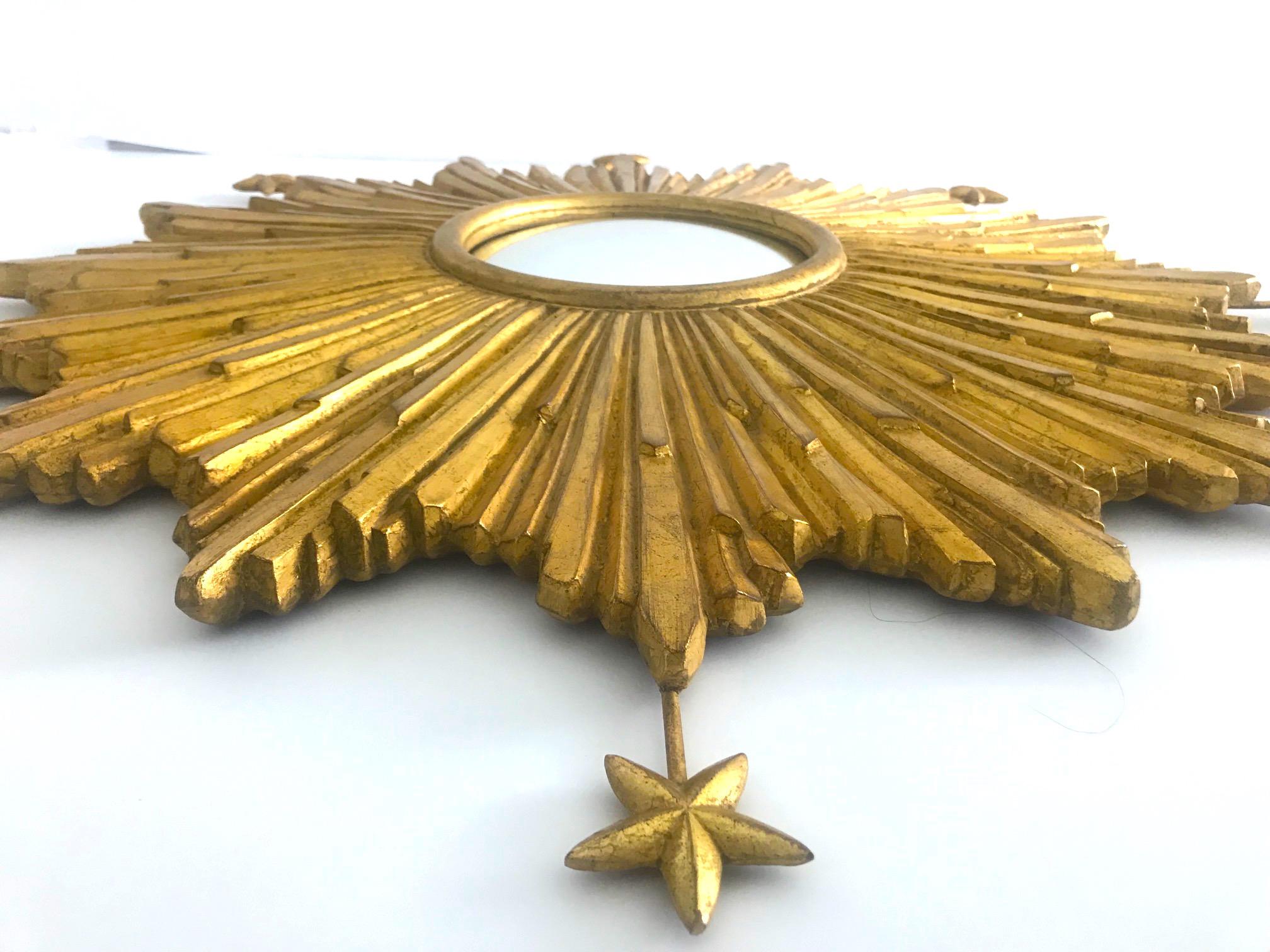 Vieux Miroir Starburst sculpté à la main avec finition feuille d'or antique 4