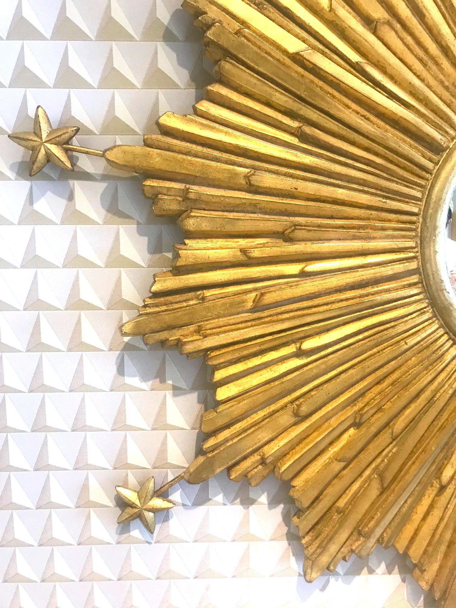 Vieux Miroir Starburst sculpté à la main avec finition feuille d'or antique 5