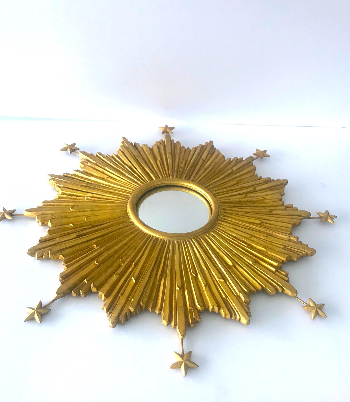 italien Vieux Miroir Starburst sculpté à la main avec finition feuille d'or antique