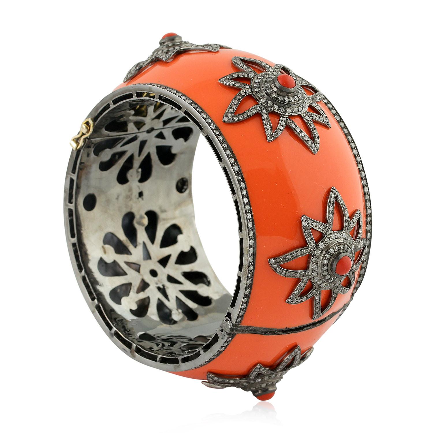 Mixed Cut Starburst Motif On Coral Enameled Cuff Made in 18k Gold For Sale